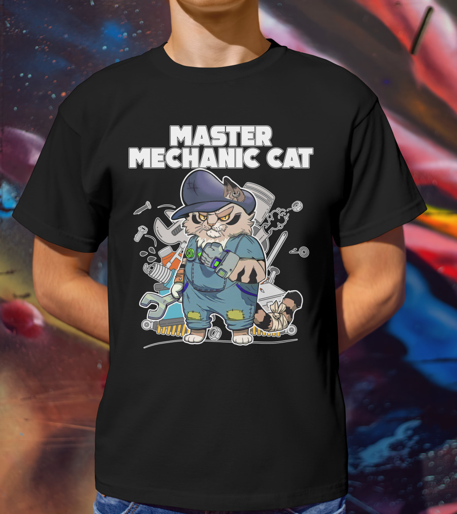 Master Mechanic Cat Repair Crew With Tools And Blue Overalls T-Shirt