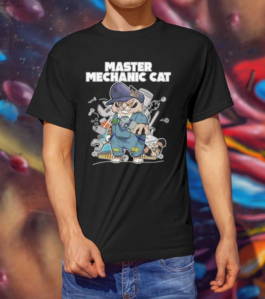 Master Mechanic Cat Repair Crew With Tools And Blue Overalls T-Shirt
