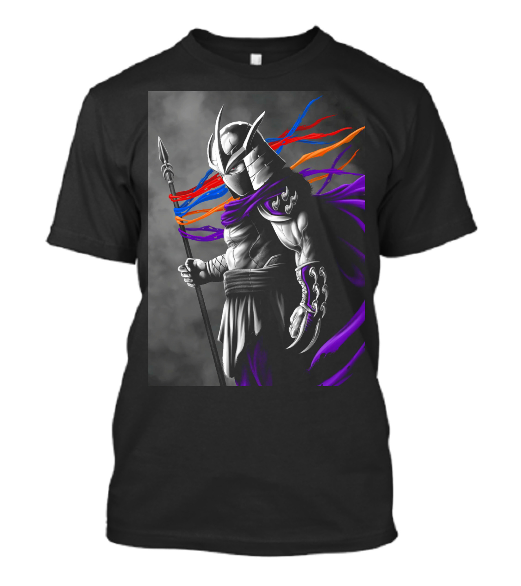 Shredder Villain With Spear And Flowing Cape In Colorful Ribbons T-Shirt