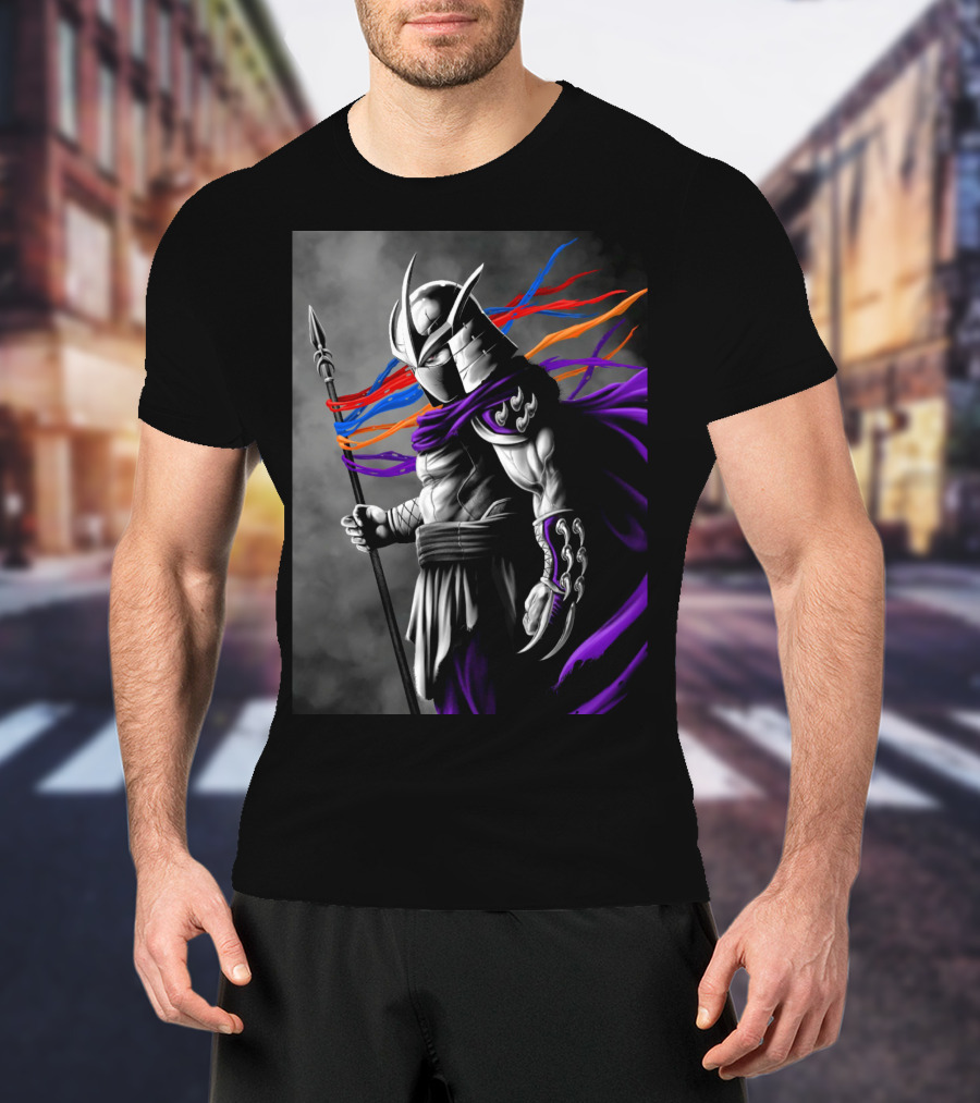 Shredder Villain With Spear And Flowing Cape In Colorful Ribbons T-Shirt