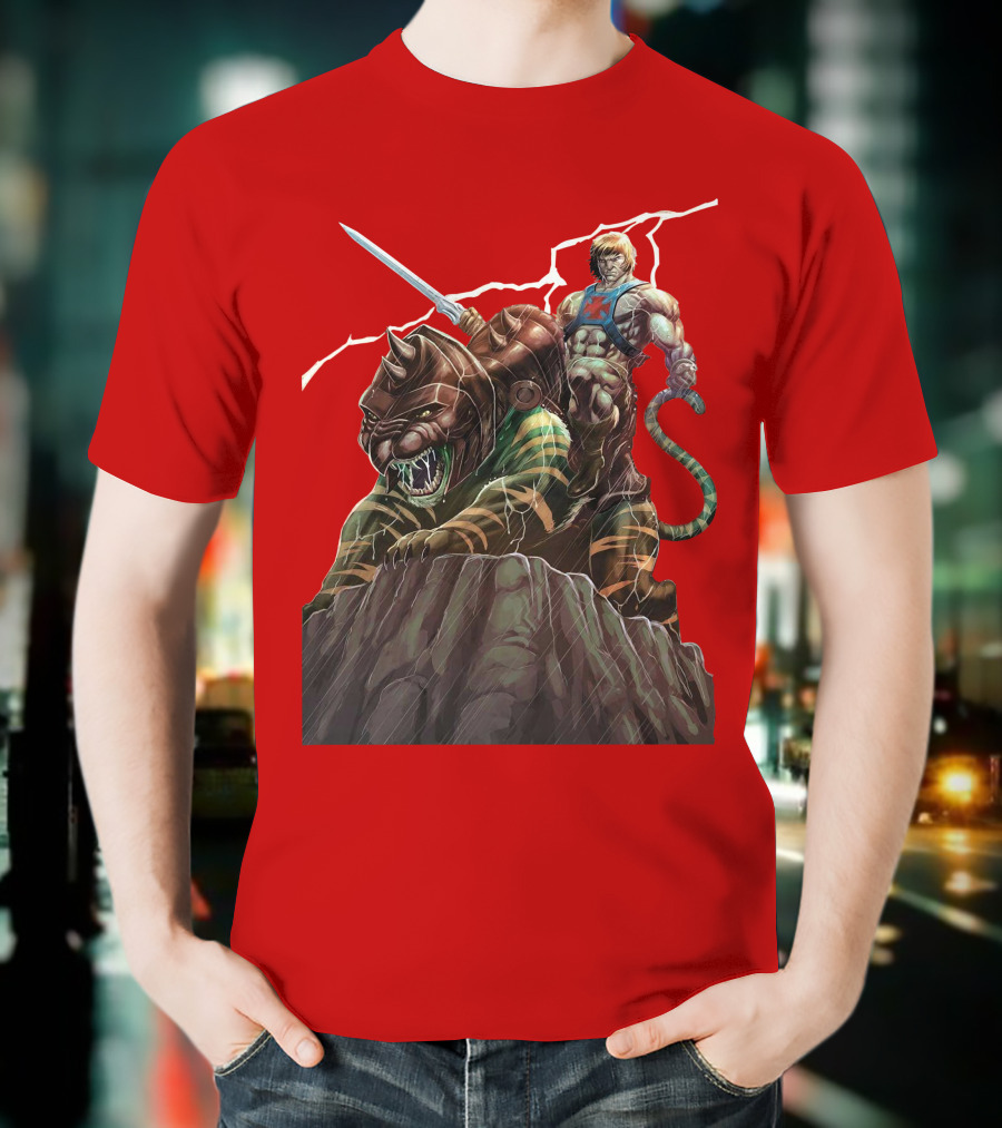 He-Man Masters Of The Universe Sword And Battle Cat On Rock With Lightning T-Shirt