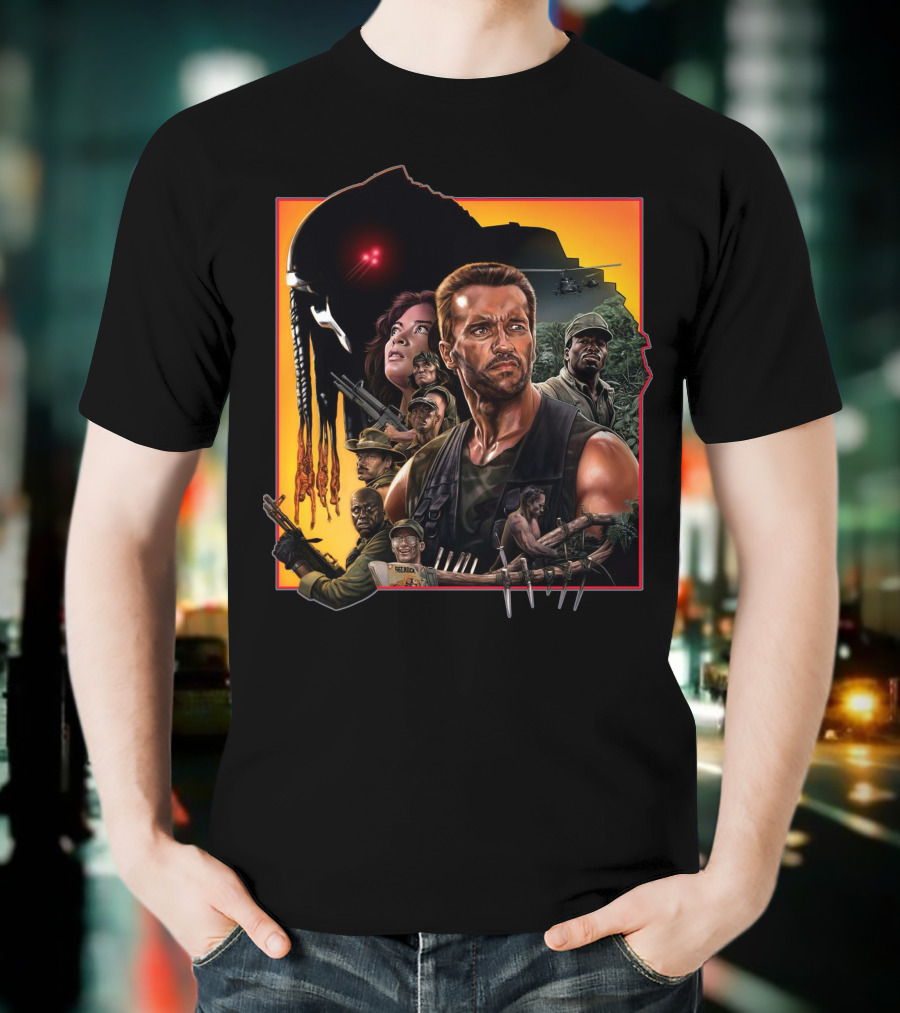 Predator Movie Characters And Jungle Battle Scene T-Shirt