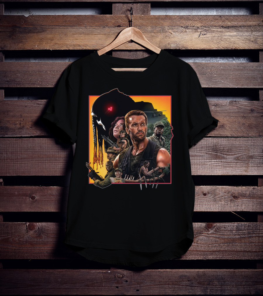 Predator Movie Characters And Jungle Battle Scene T-Shirt