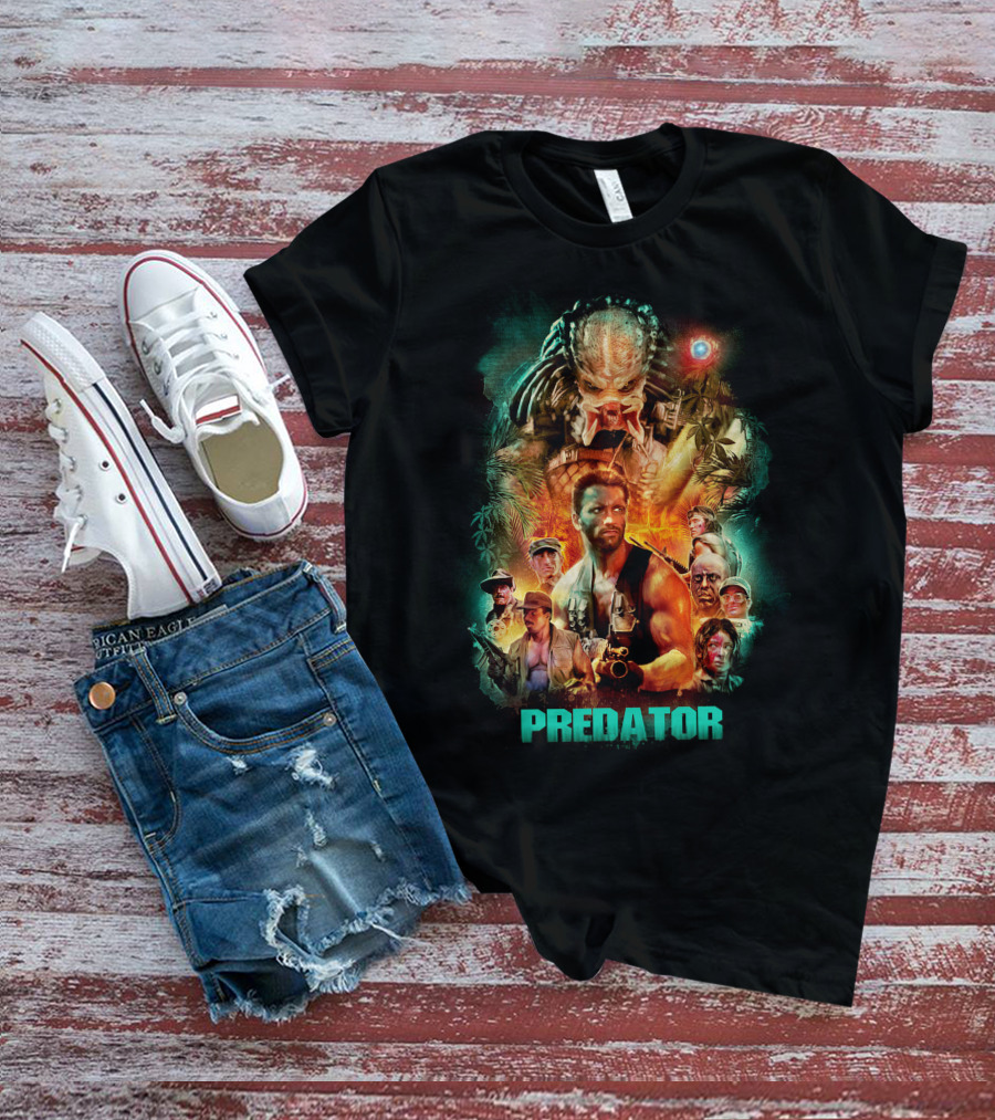 Predator Movie Collage Featuring Iconic Characters And Alien Hunter T-Shirt