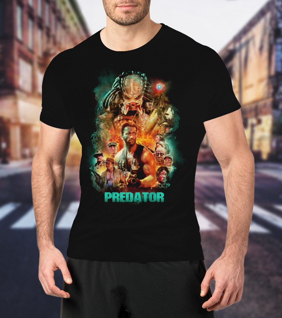Predator Movie Collage Featuring Iconic Characters And Alien Hunter T-Shirt