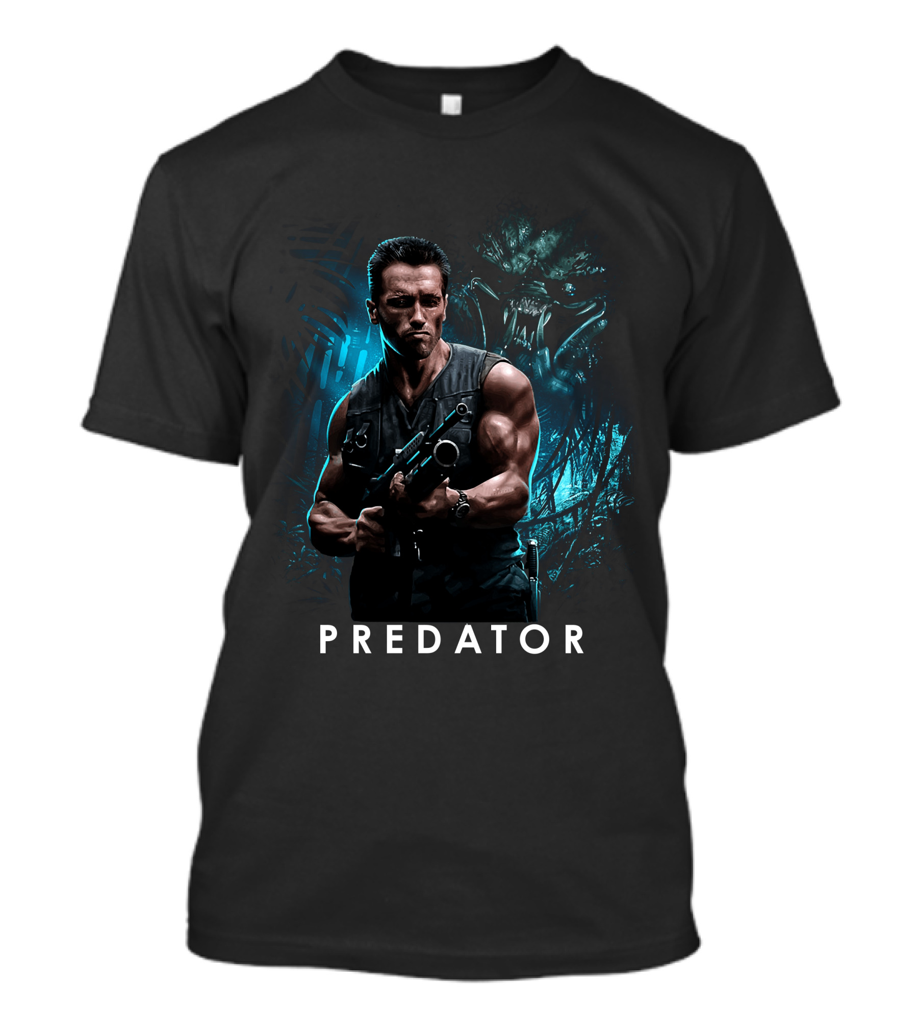 PREDATOR Arnold Schwarzenegger With Alien Hunter Background T-Shirt
