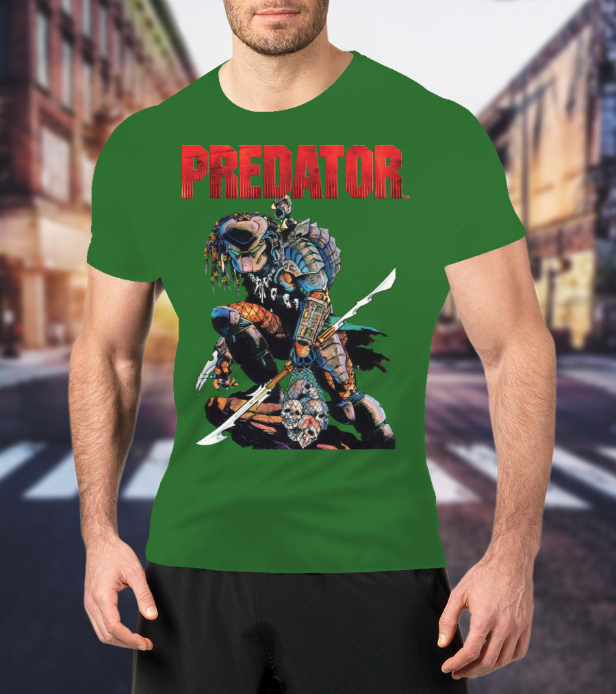 Predator Armored Warrior Kneeling With Blade And Skull Trophy T-Shirt