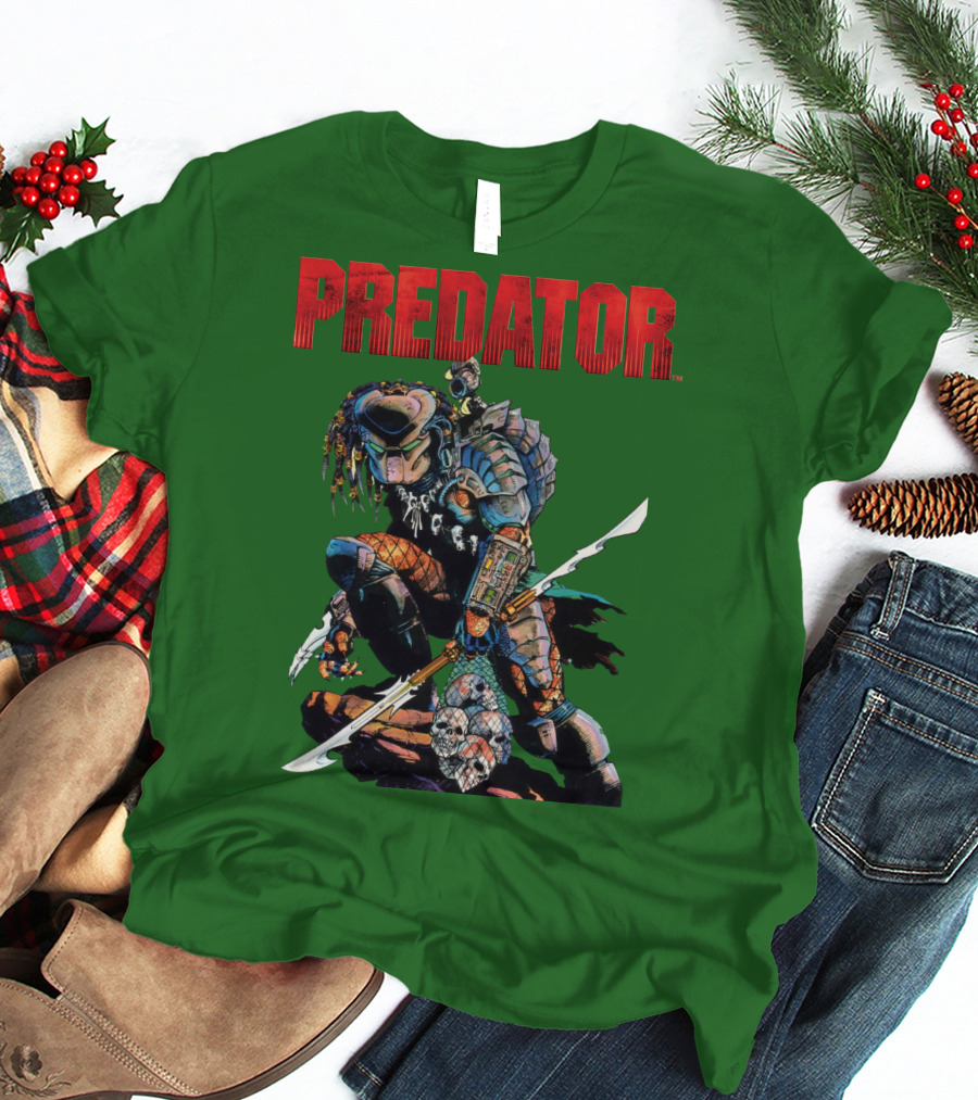 Predator Armored Warrior Kneeling With Blade And Skull Trophy T-Shirt