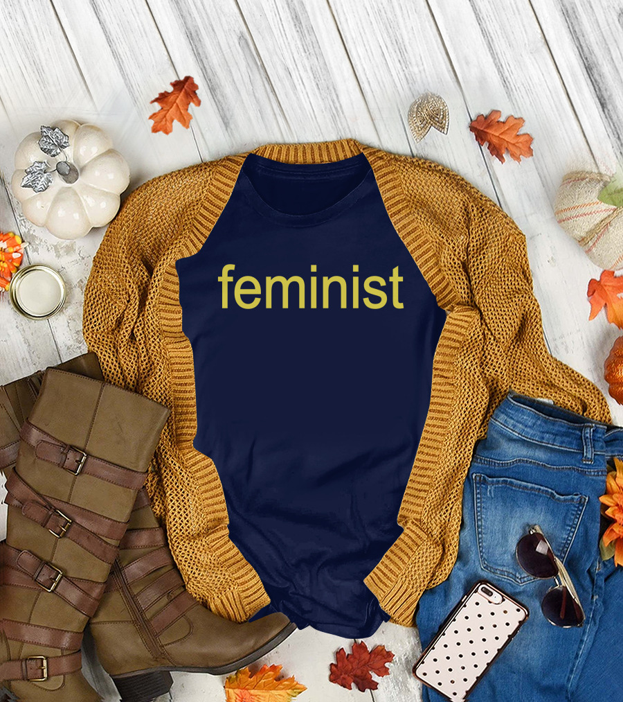 Feminist Yellow Text On Navy Blue T-Shirt