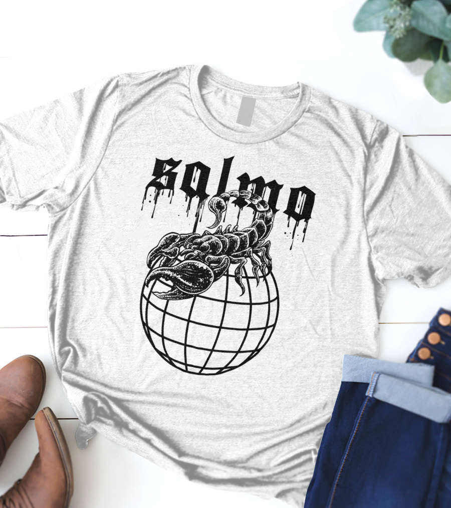 Salmo Scorpio With Dripping Text And Scorpion On Globe T-Shirt