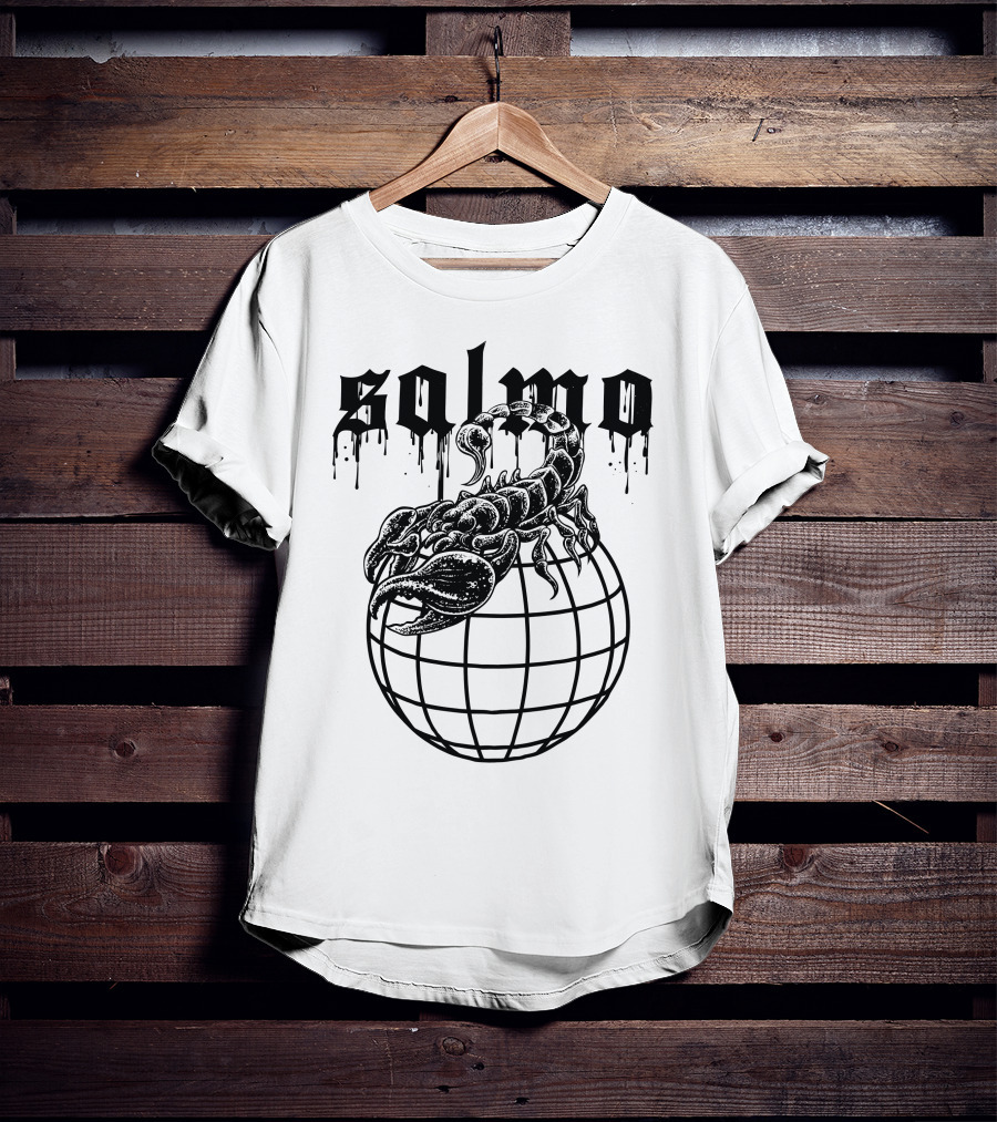 Salmo Scorpio With Dripping Text And Scorpion On Globe T-Shirt