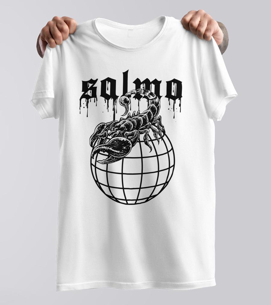 Salmo Scorpio With Dripping Text And Scorpion On Globe T-Shirt