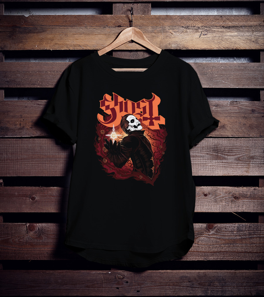 Ghost Band Skull Figure Red Flames T-Shirt
