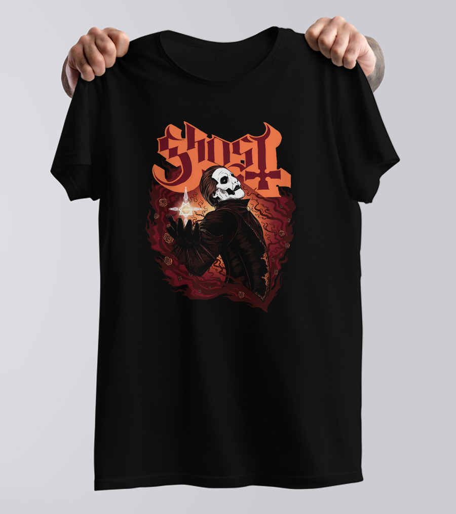 Ghost Band Skull Figure Red Flames T-Shirt