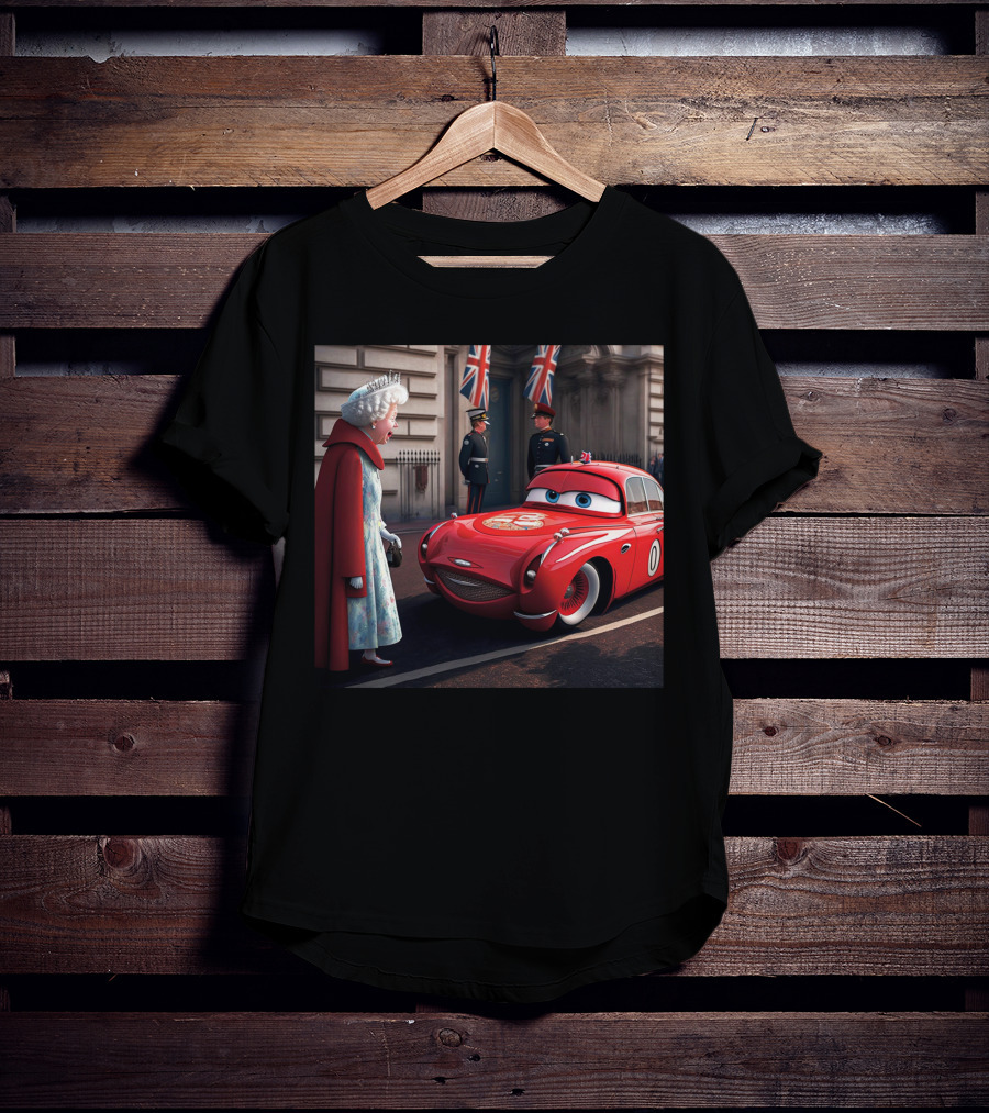Lightning McQueen Meets Queen Of England With British Guards And Flags T-Shirt