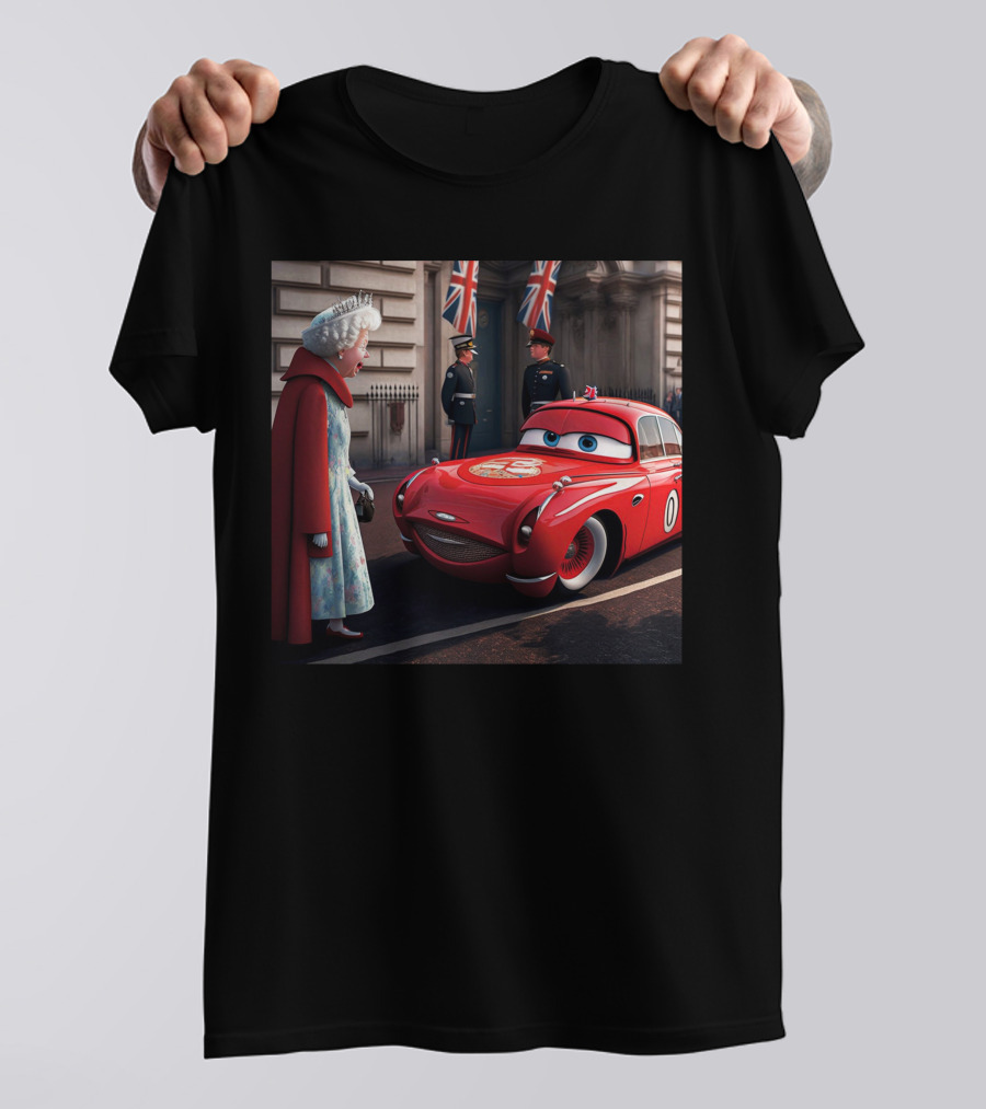 Lightning McQueen Meets Queen Of England With British Guards And Flags T-Shirt