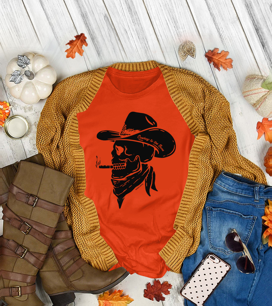 Cowboy To The Bone Skeleton Smoking Bandana Hat T-Shirt