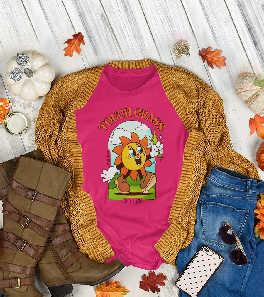 TOUCH GRASS Hellvetika Sunflower Character Boots Japan Text T-Shirt