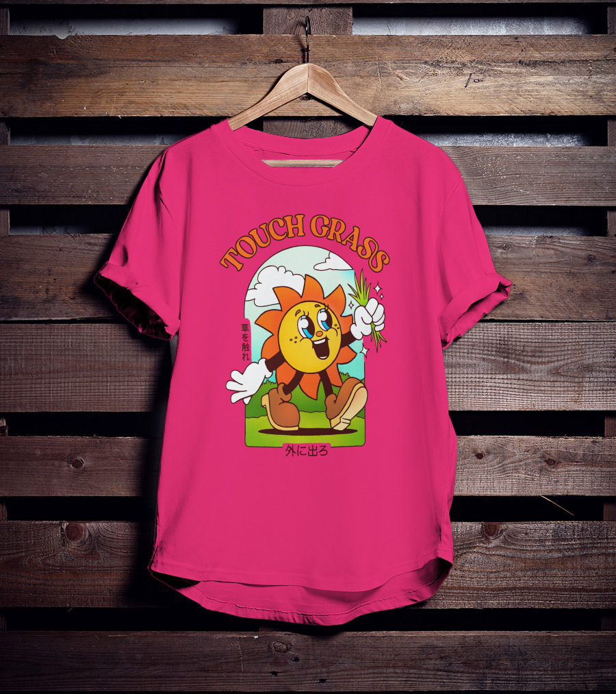 TOUCH GRASS Hellvetika Sunflower Character Boots Japan Text T-Shirt