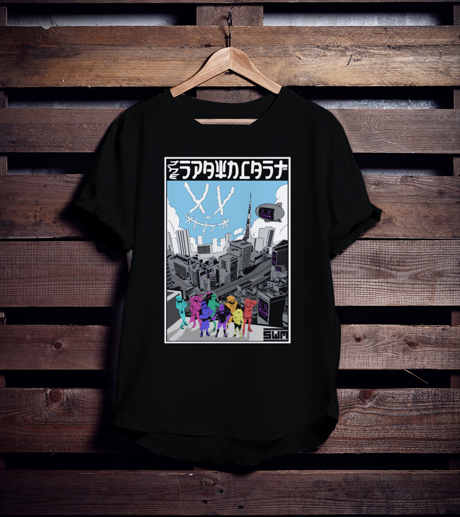 Spawncast Cyberpunk Cityscape With Masked Figures And Smiling Skyline Eyes T-Shirt