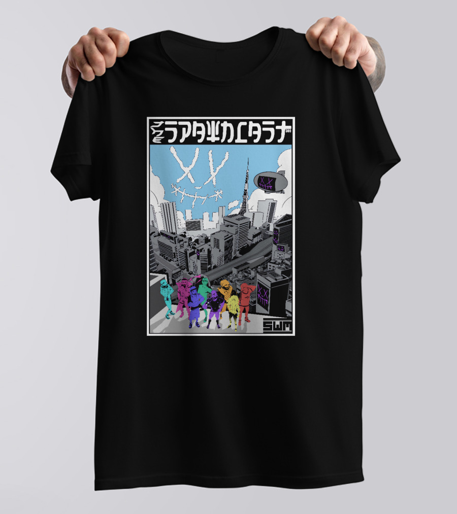 Spawncast Cyberpunk Cityscape With Masked Figures And Smiling Skyline Eyes T-Shirt
