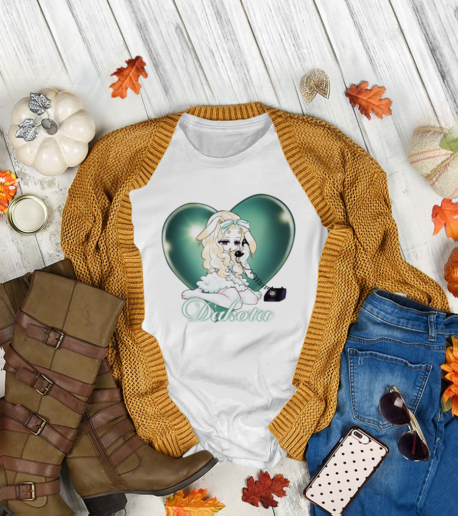 Dakota Cute Bunny Girl With Heart And Vintage Phone T-Shirt