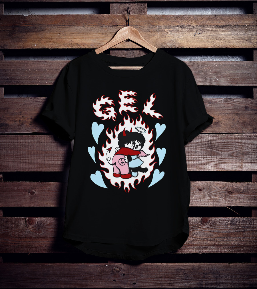 GEL Flaming Angels And Demons Embrace With Hearts T-Shirt