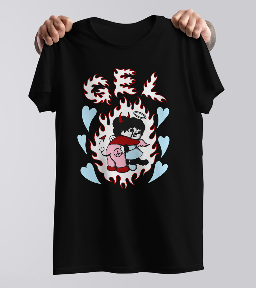 GEL Flaming Angels And Demons Embrace With Hearts T-Shirt