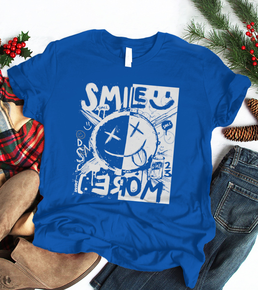 Smile More April Members Only Blue Grunge Style Smiley Face T-Shirt