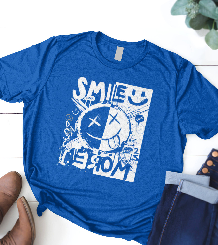 Smile More April Members Only Blue Grunge Style Smiley Face T-Shirt