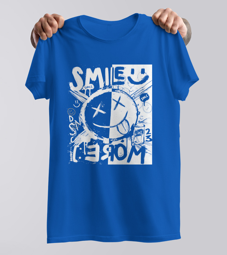 Smile More April Members Only Blue Grunge Style Smiley Face T-Shirt
