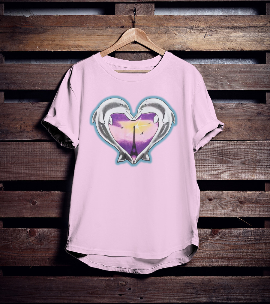 Dolphins Heart Eiffel Tower Sunset Paris Pink Background T-Shirt