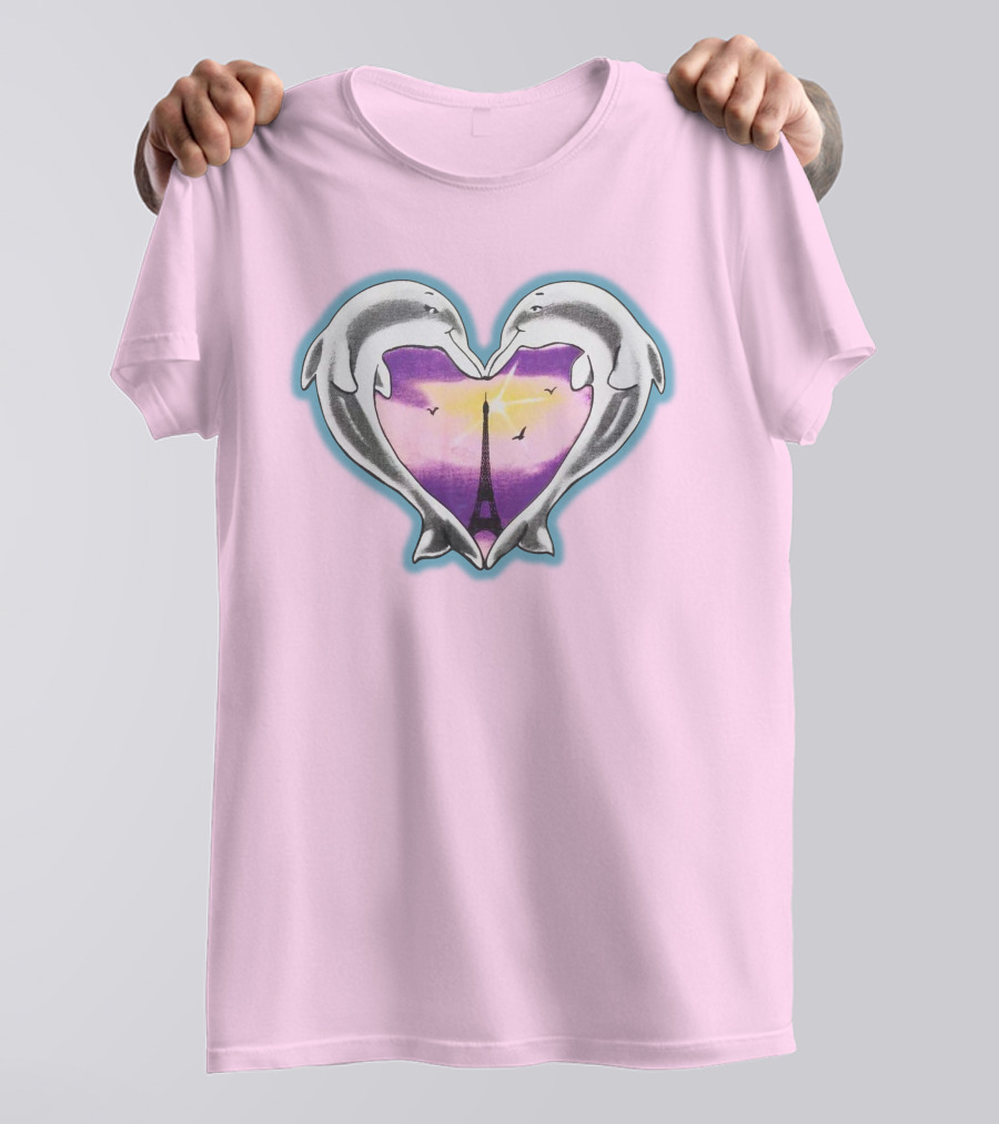 Dolphins Heart Eiffel Tower Sunset Paris Pink Background T-Shirt