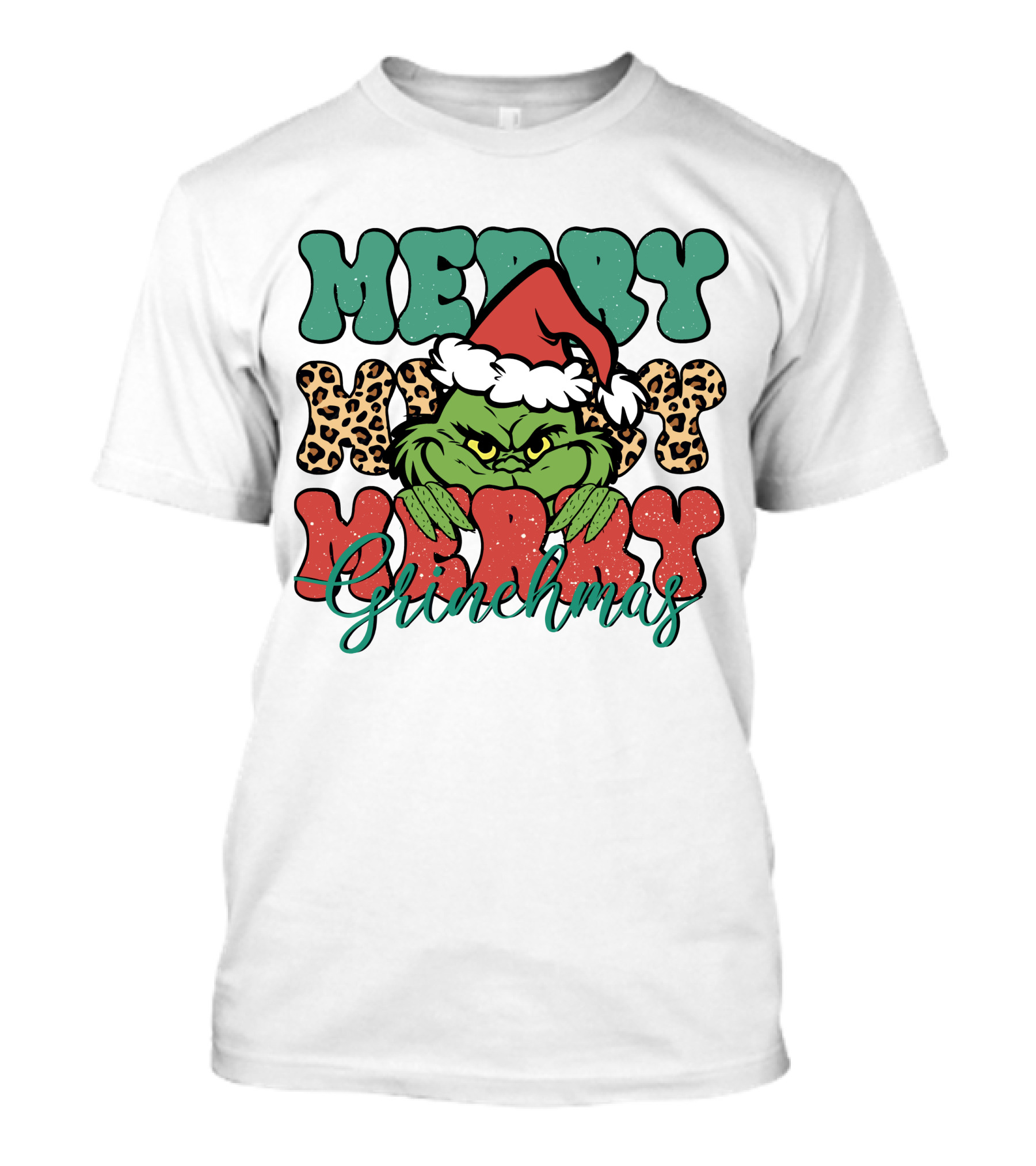 Merry Grinchmas Merry Merry Merry Grinch Christmas Santa Hat Green Face Leopard Print T-Shirt