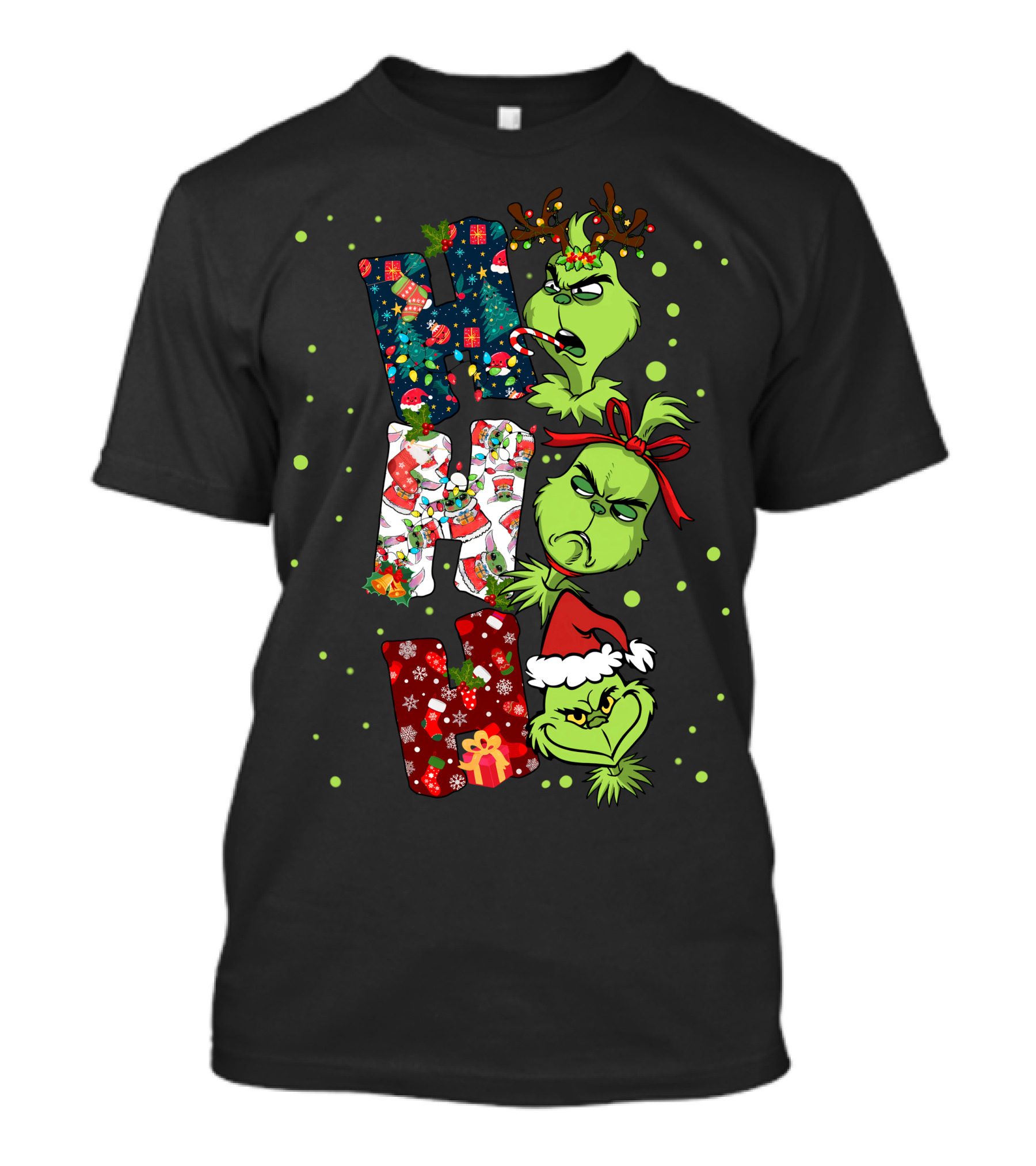 Grinch Ho Ho Ho Christmas Characters With Antlers And Santa Hat T-Shirt