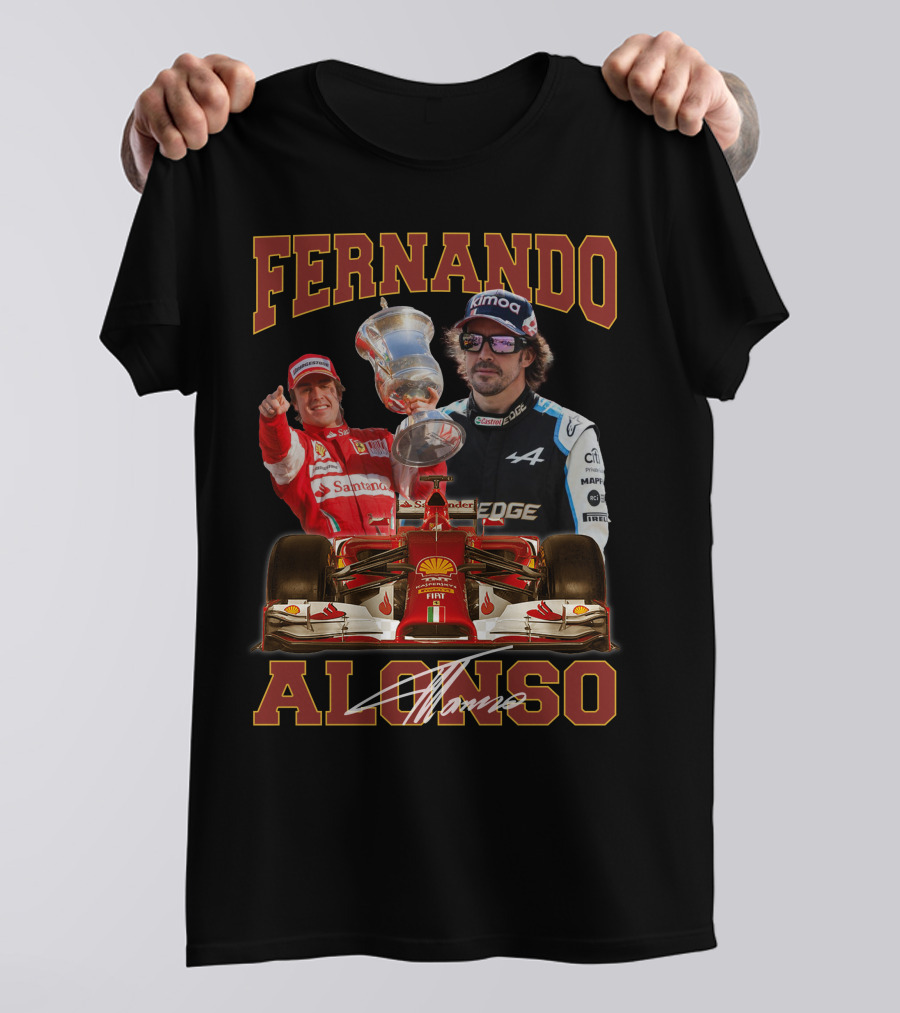 FERNANDO ALONSO F1 RACING LEGEND WITH TROPHY AND CARS T-Shirt
