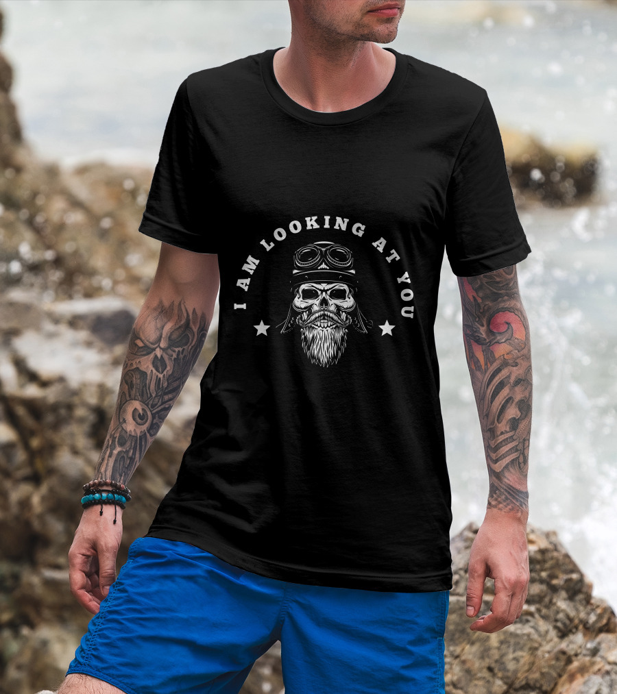I Am Looking At You Skull With Aviator Goggles And Beard T-Shirt