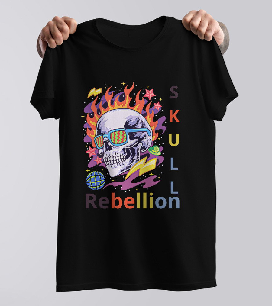Rebellion Skull With Fiery Sunglasses And Cosmic Elements T-Shirt