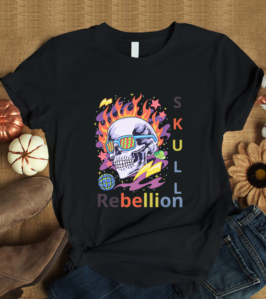 Rebellion Skull With Fiery Sunglasses And Cosmic Elements T-Shirt