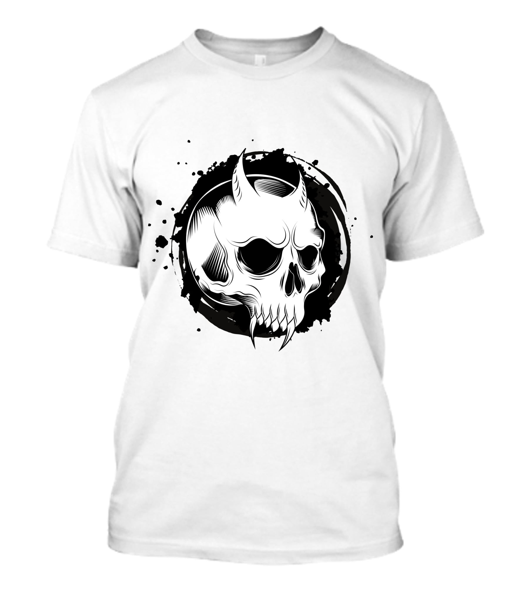 Demon Skull Horned Black Ink Splatter T-Shirt