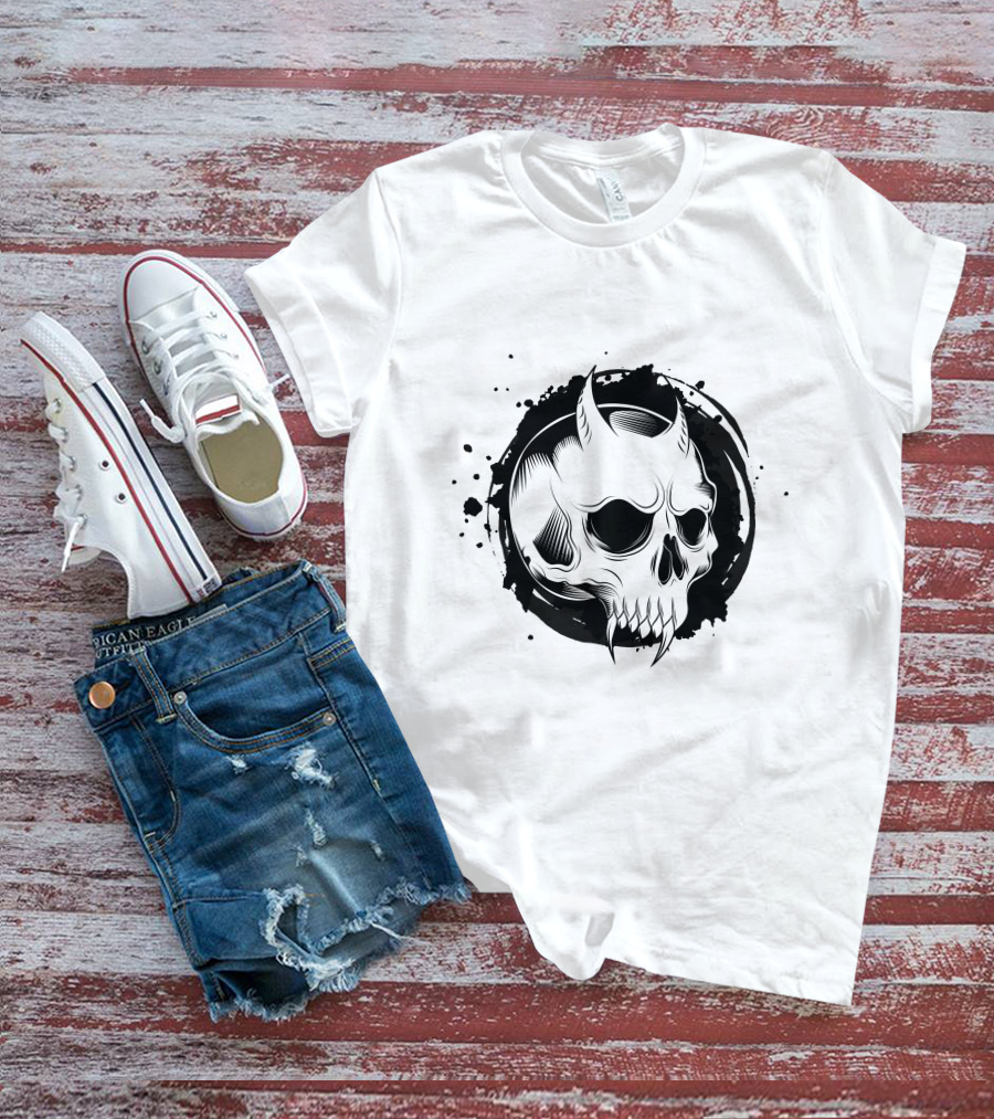 Demon Skull Horned Black Ink Splatter T-Shirt