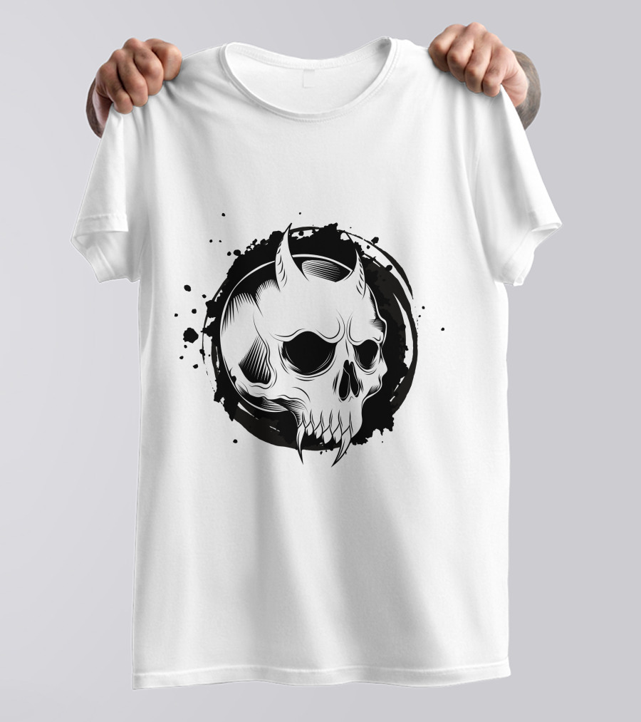 Demon Skull Horned Black Ink Splatter T-Shirt