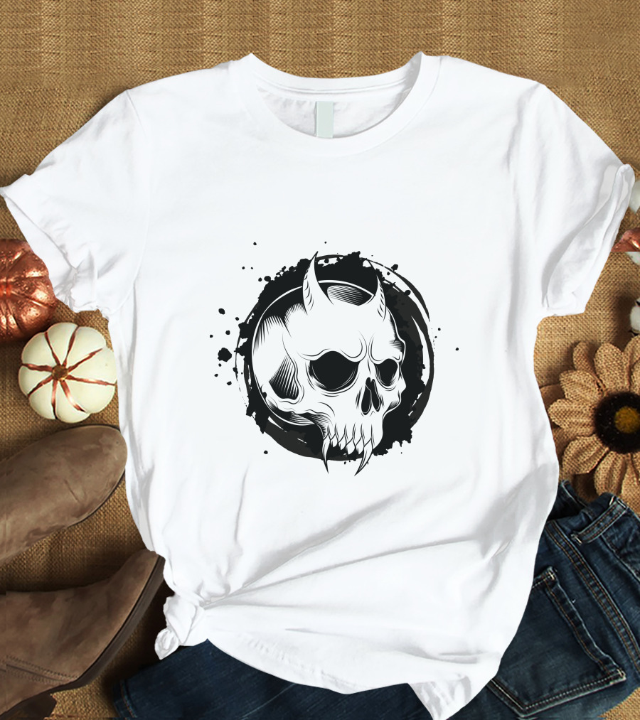 Demon Skull Horned Black Ink Splatter T-Shirt
