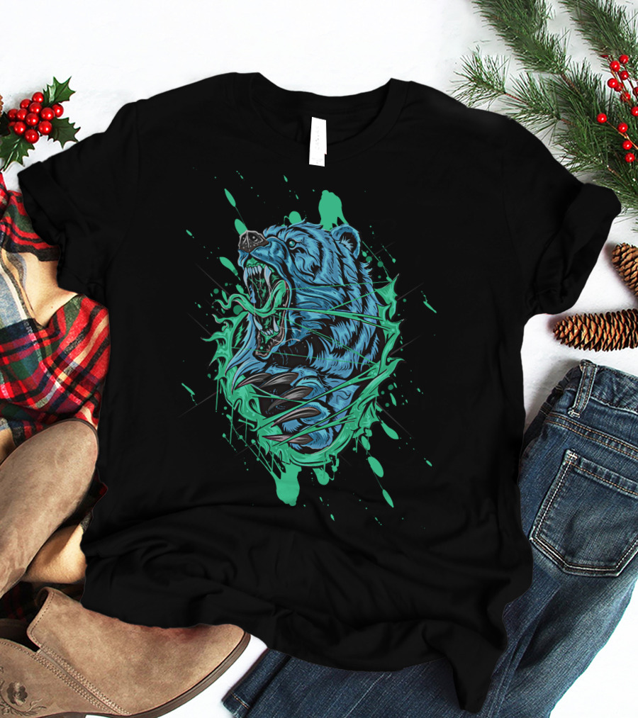 Angry Bear Roaring In Dynamic Teal And Black Paint Splash T-Shirt