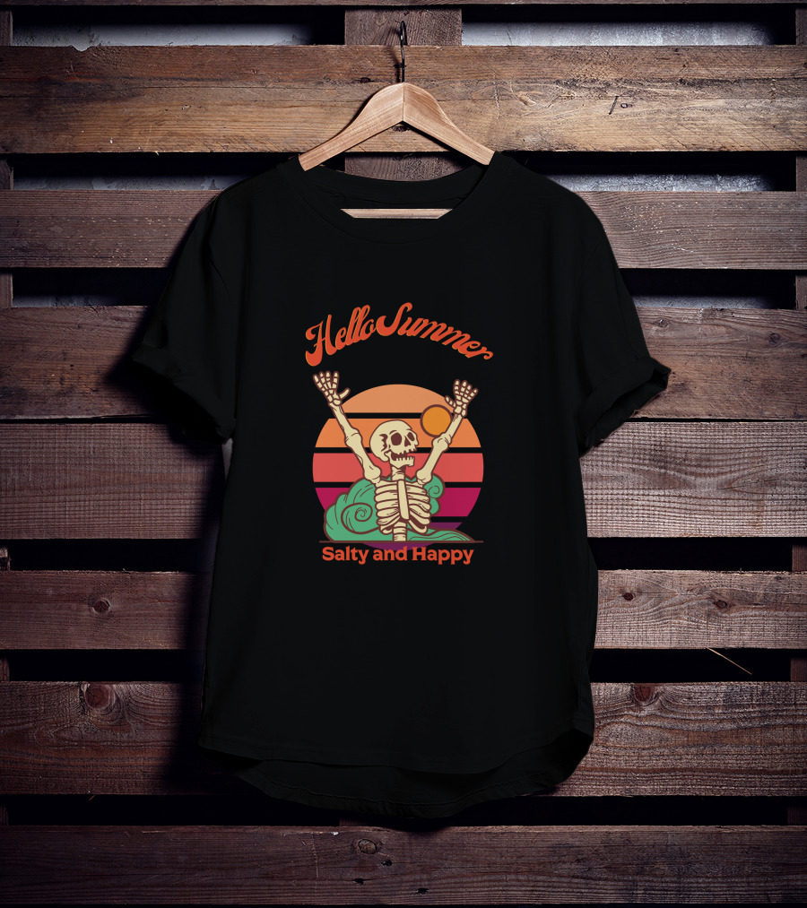Hello Summer Salty And Happy Skeleton Sunset T-Shirt