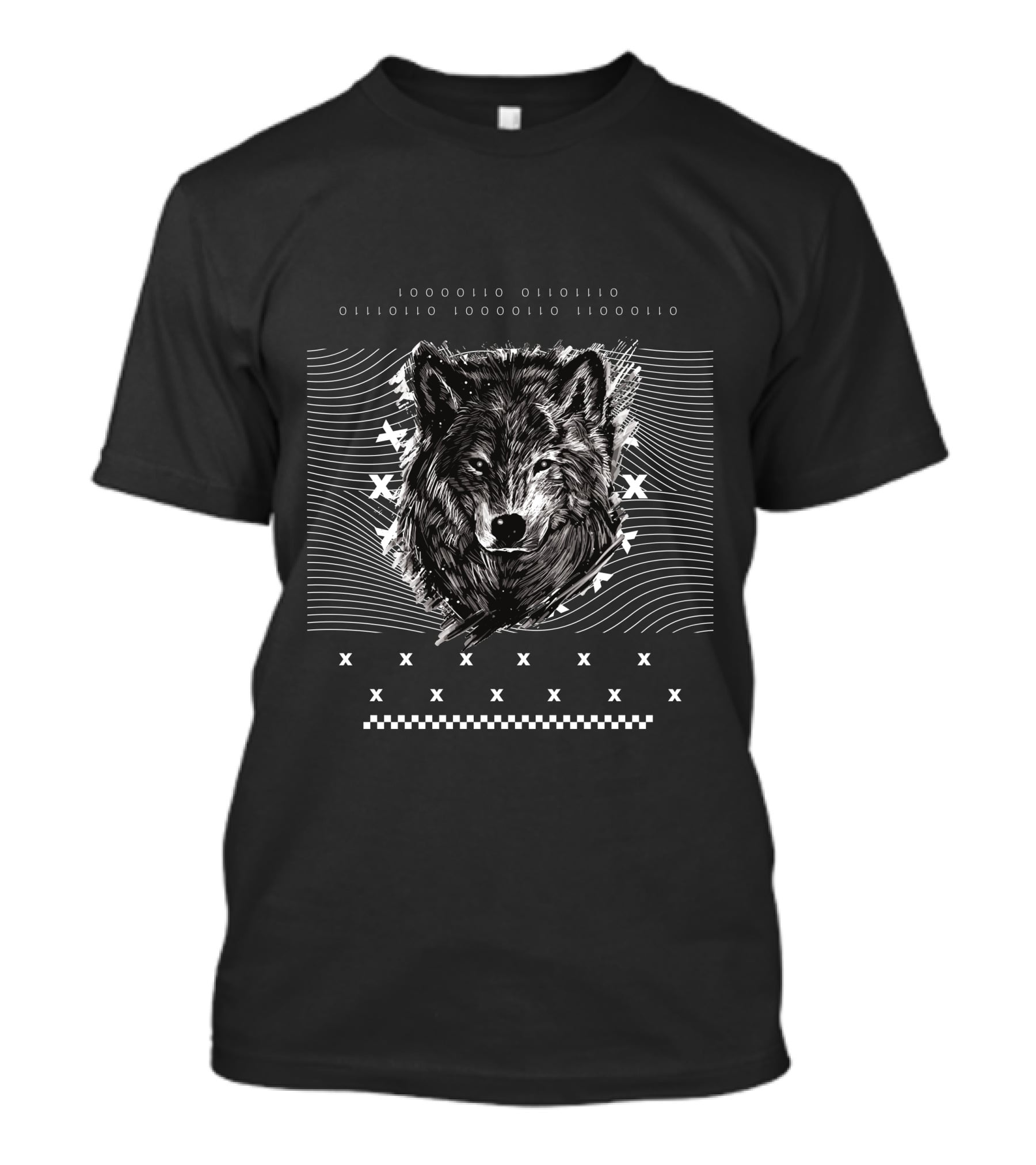 Hunter Wolf Head With Geometric Patterns And Waves T-Shirt