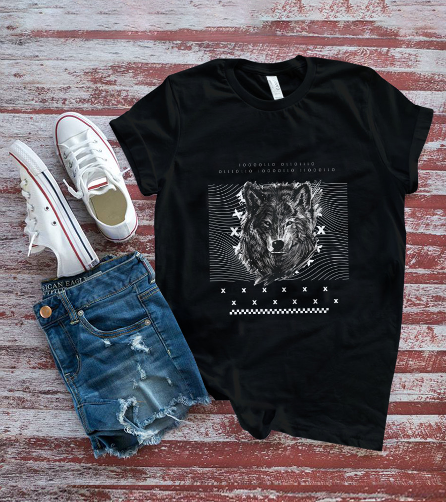 Hunter Wolf Head With Geometric Patterns And Waves T-Shirt