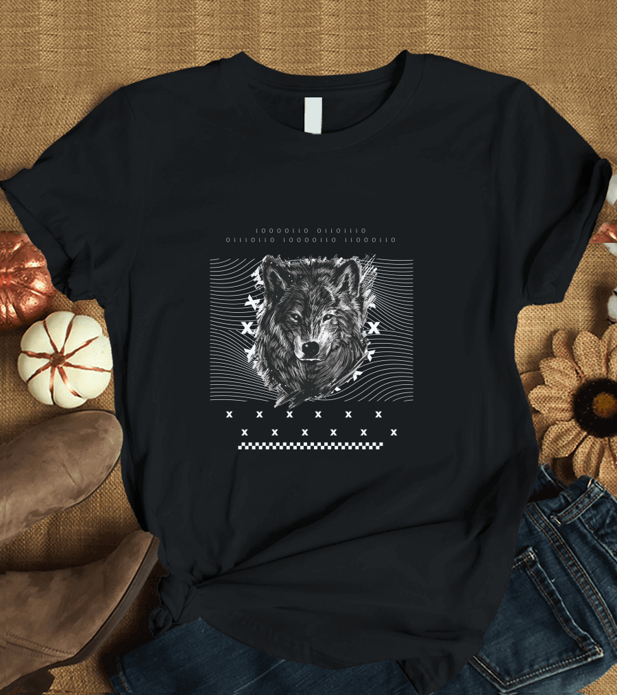 Hunter Wolf Head With Geometric Patterns And Waves T-Shirt