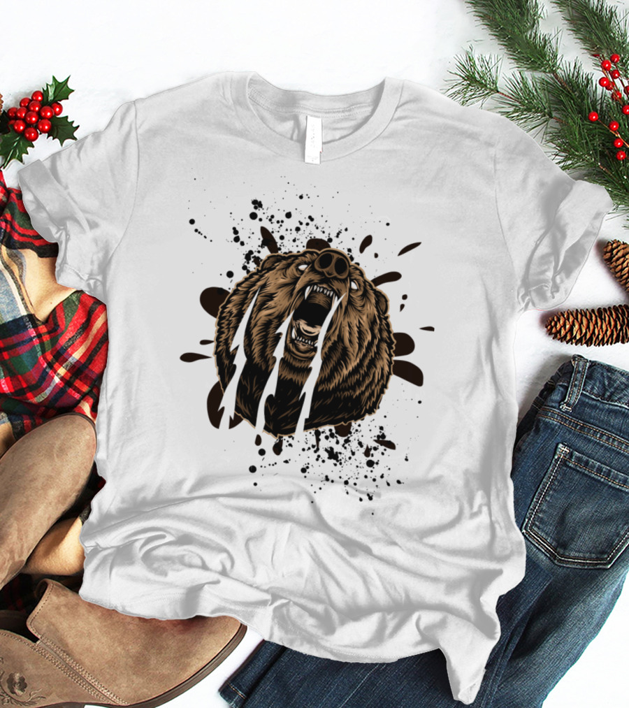 Roaring Bear With Splatter Effect And Claw Marks T-Shirt