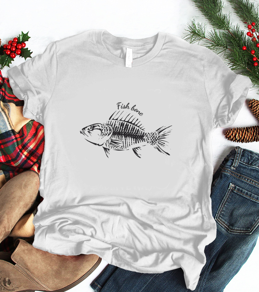 Fish Bone Hand-Drawn Sketch With Text Detailing T-Shirt
